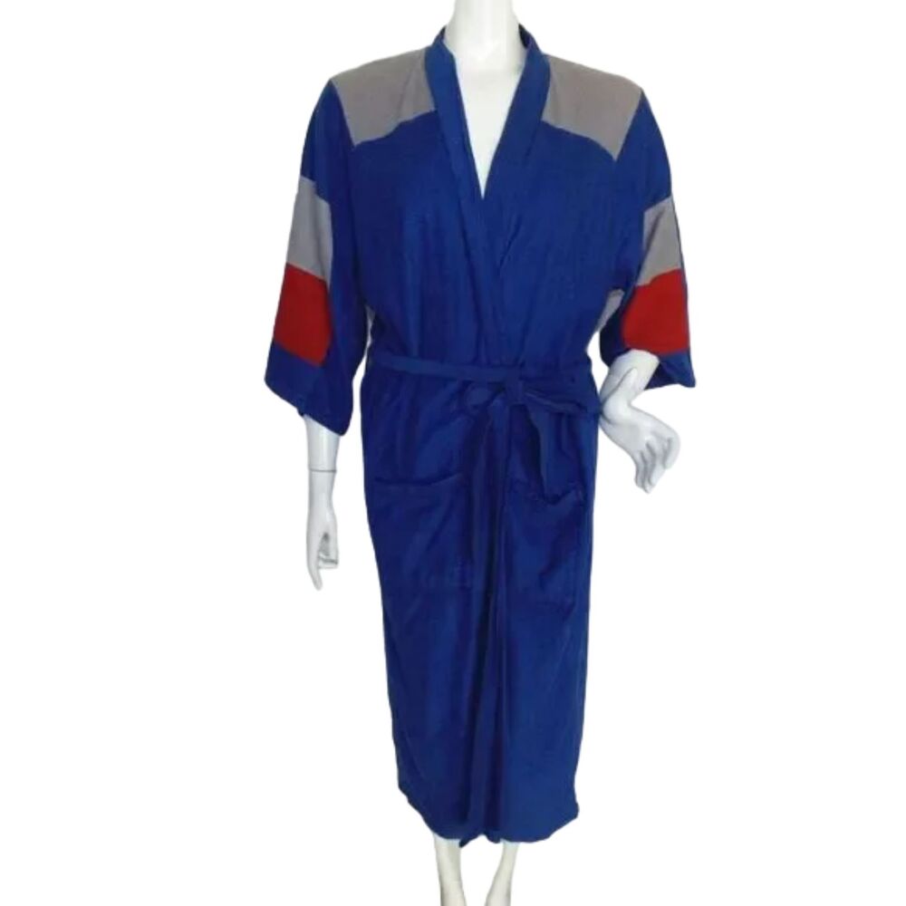 KING OF THE ROBE Bathrobe, OS, Blue, Velour, VINTAGE, Colorblock, Sash
